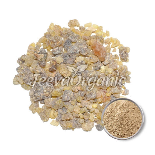 A mound of varied beige and gray resin pieces with a small bowl of brown powder beside it, over a white background.