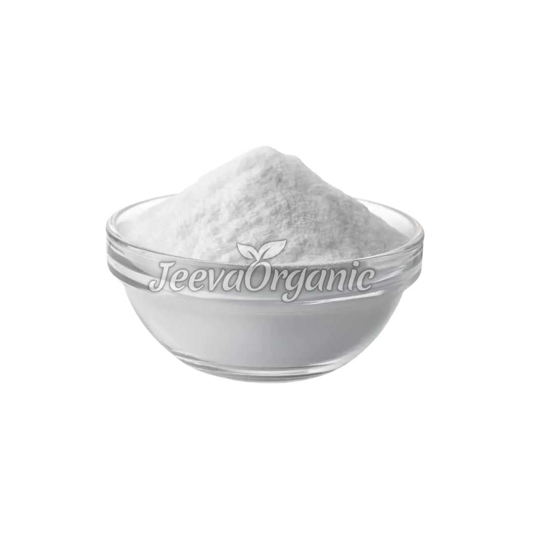 A container of niacinamide powder, also known as vitamin B3, a fine white crystalline powder used in skincare products and dietary supplements.