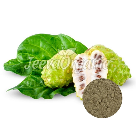 Fresh green noni fruit and leaves, with a close-up of powdered noni in the corner, showcasing its health benefits.