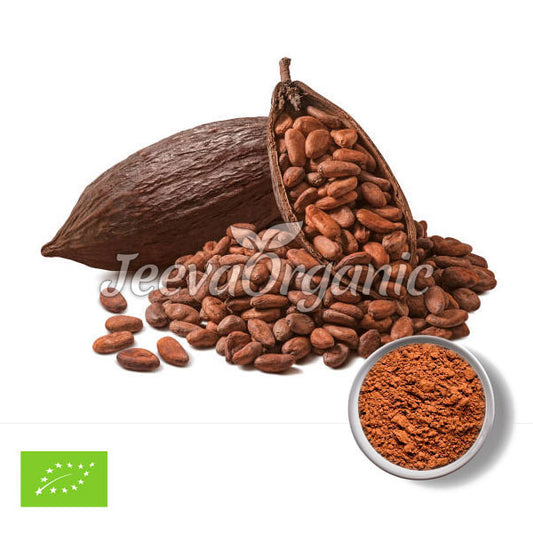 Cacao pod with split shell revealing beans, surrounded by cacao seeds and a bowl of cocoa powder, labeled as organic.