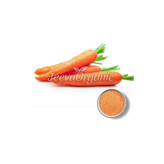 A container of organic carrot root powder, a fine, bright orange powder made from dried and ground carrots, used in cooking, baking, and as a natural food coloring.