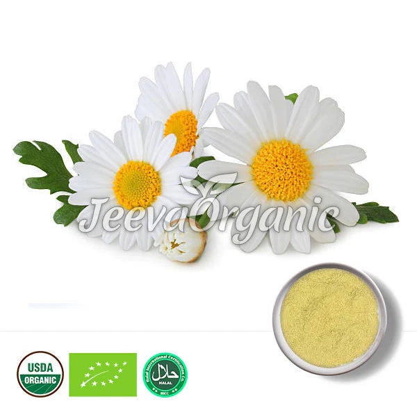 Three white daisies with yellow centers beside a bowl of Organic Chamomile Extract Powder 10:1, featuring organic certification logos below.
