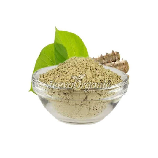 A container of organic giloy powder, also known as gulvel or guduchi, a fine, light brown to greenish-brown powder made from the dried stem of the Tinospora cordifolia plant, used in Ayurvedic medicine for its potential health benefits.