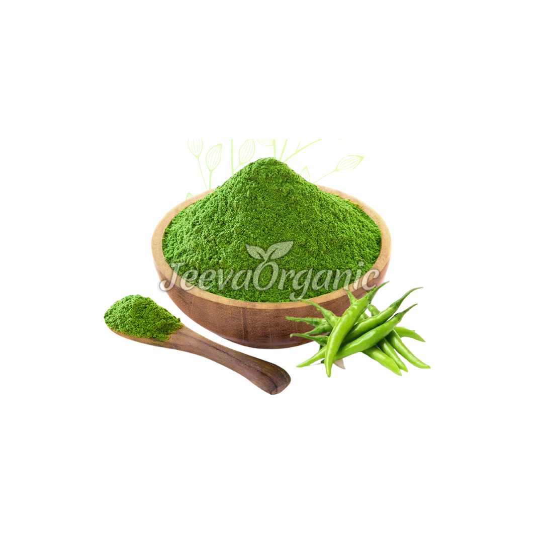 A container of finely ground organic green chili powder, bright green in color with flecks of darker green, offering a fresh, spicy flavor for culinary use.