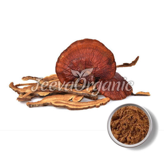 Dried Reishi mushrooms and slices alongside powdered Reishi in a bowl, featured on a white background with a brand logo.