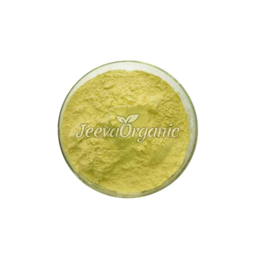 A container of retinyl palmitate powder, a pale yellow to off-white crystalline substance used as a form of vitamin A in supplements and cosmetic formulations.