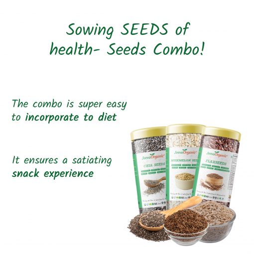 Showing SEEDS of healthy- seeds combo! Chia Seeds, Flaxseeds & Muskmelon Seeds
