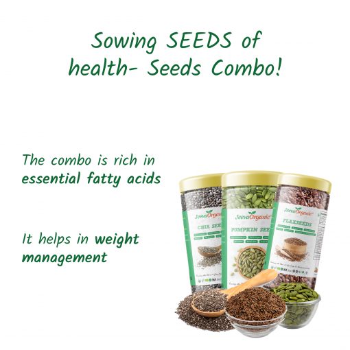 Showing SEEDS of healthy- seeds combo! Chia Seeds, Flaxseeds & Pumpkin Seeds